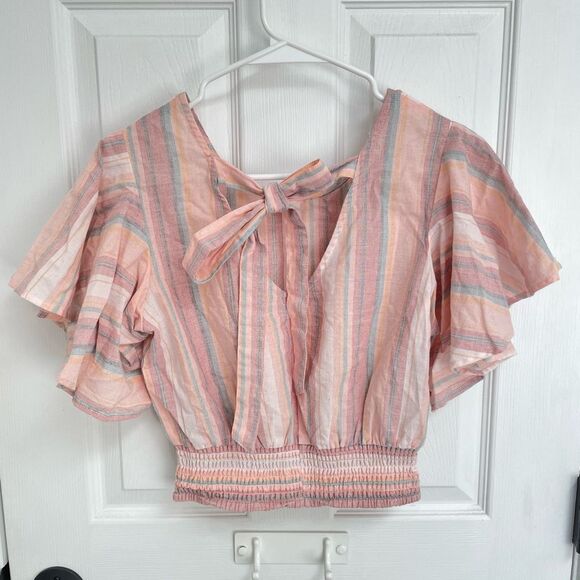 JAPNA Pink Orange Multi Striped Ruffle Sleeve Cropped Blouse Women’s Size S - Picture 2 of 4